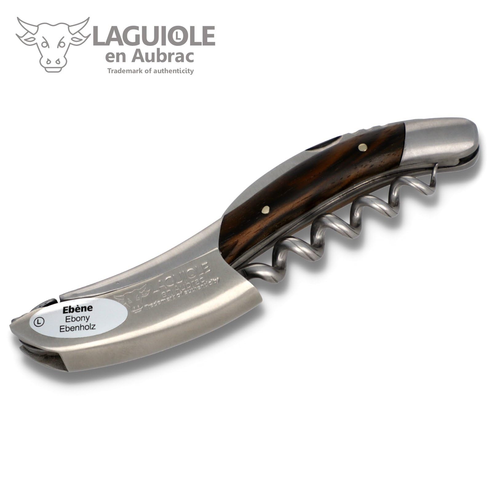 Laguiole en Aubrac Kellnermesser - Makassar Ebenholz - Edelstahl matt - Weinöffner Sommelierbesteck Korkenzieher Frankreich