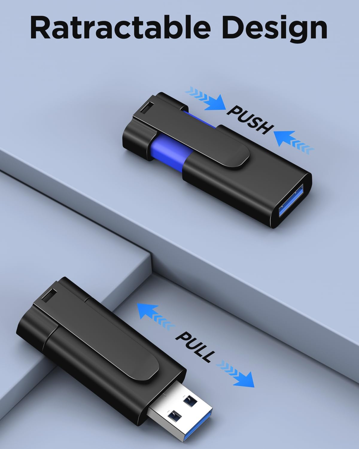 TEWENE 16GB Flash Drives 5 Pack FAT32 USB 3.0 Flash Drive (&2PCS Type-C Adapter) Thumb Drive with Unique Clip Retractable, USB Memory Stick Jump Drive for Data Transfer -16GB Blue