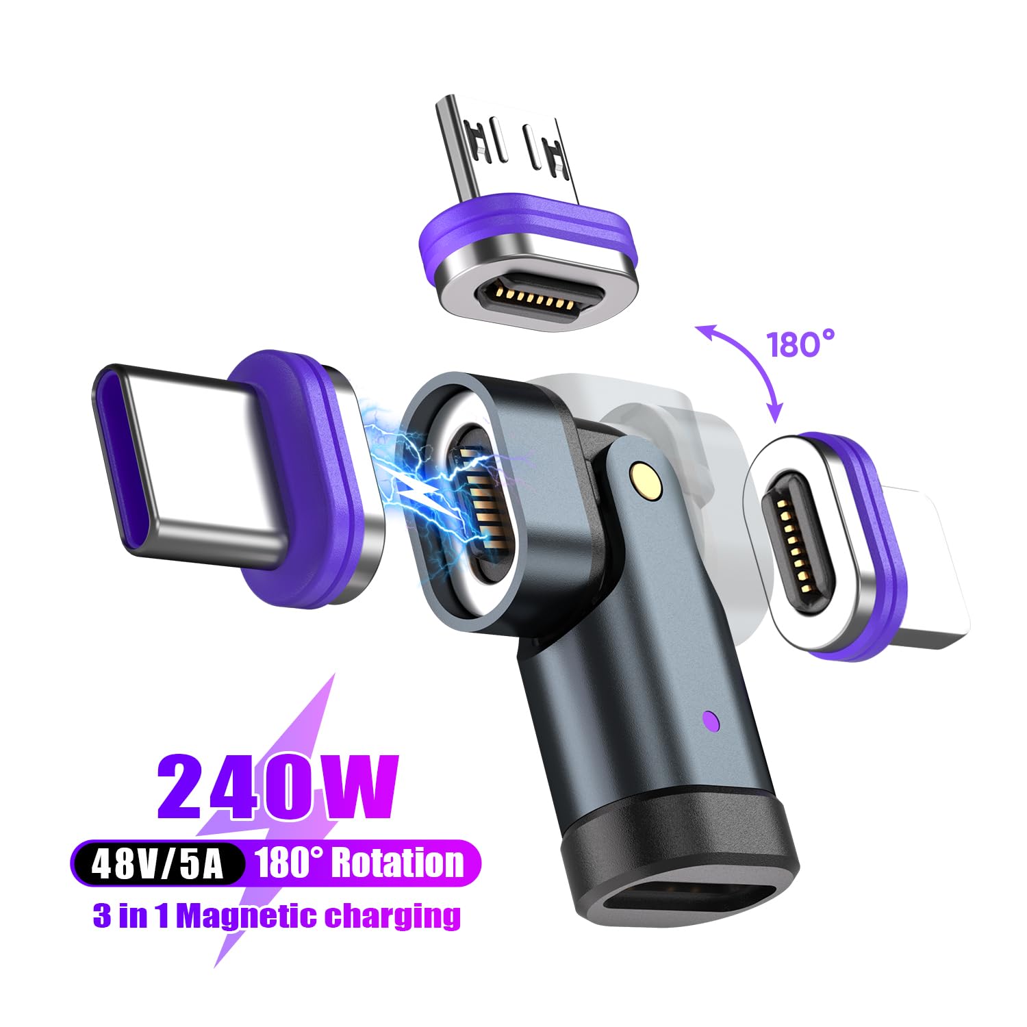PD 240 W 16-pinowy adapter magnetyczny USB C, złącze micro USB, obracanie o 180 stopni, urządzenie ładujące USB i transmisja danych do smartfona, notebooka (końcówki magnetyczne USB C, 3 sztuki)