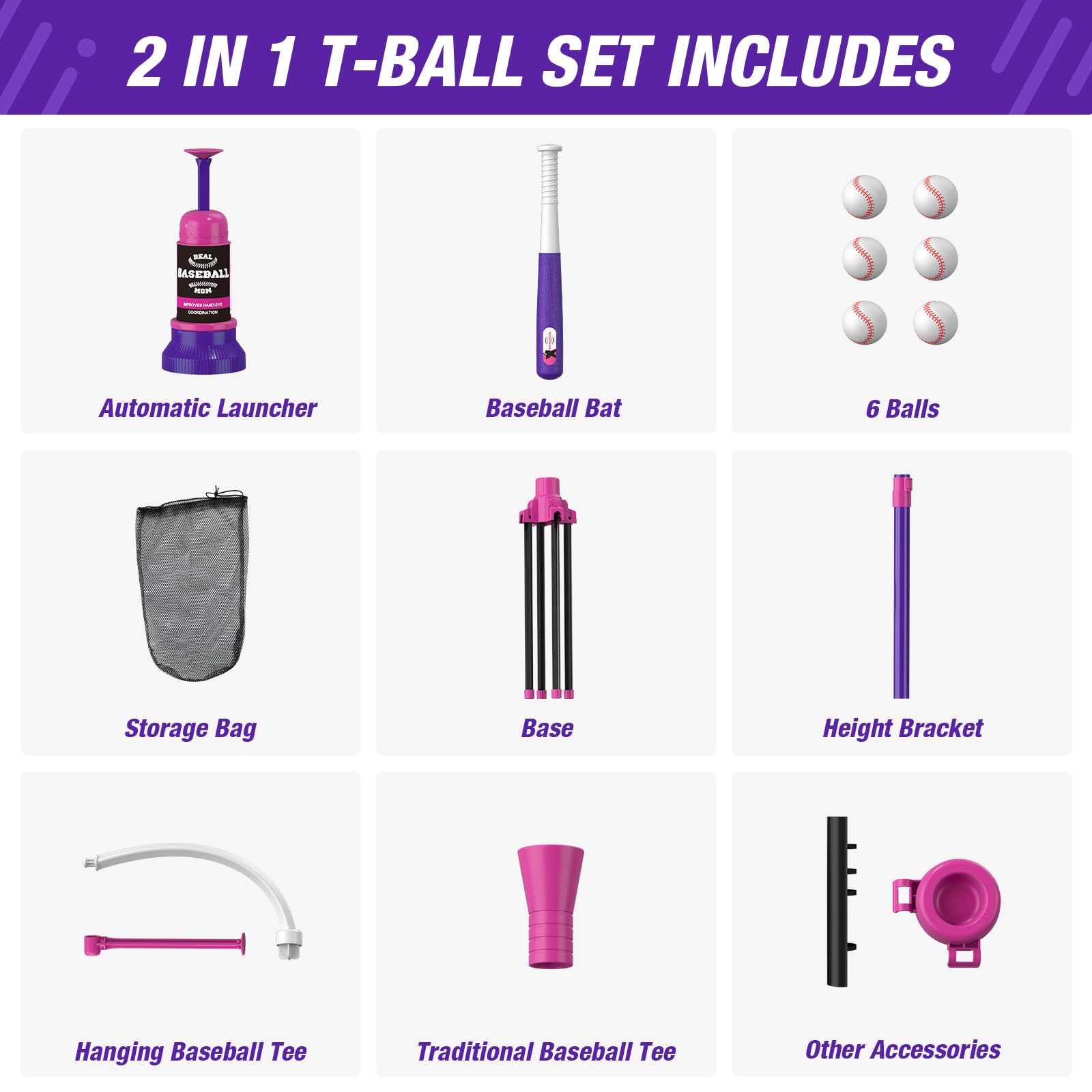 Juego de béisbol 3 en 1 para niños de 3 a 5 años, soporte de tee ball, camiseta colgante, lanzador de bolas y 6 pelotas de sóftbol, altura ajustable, regalos deportivos para interiores y exteriores