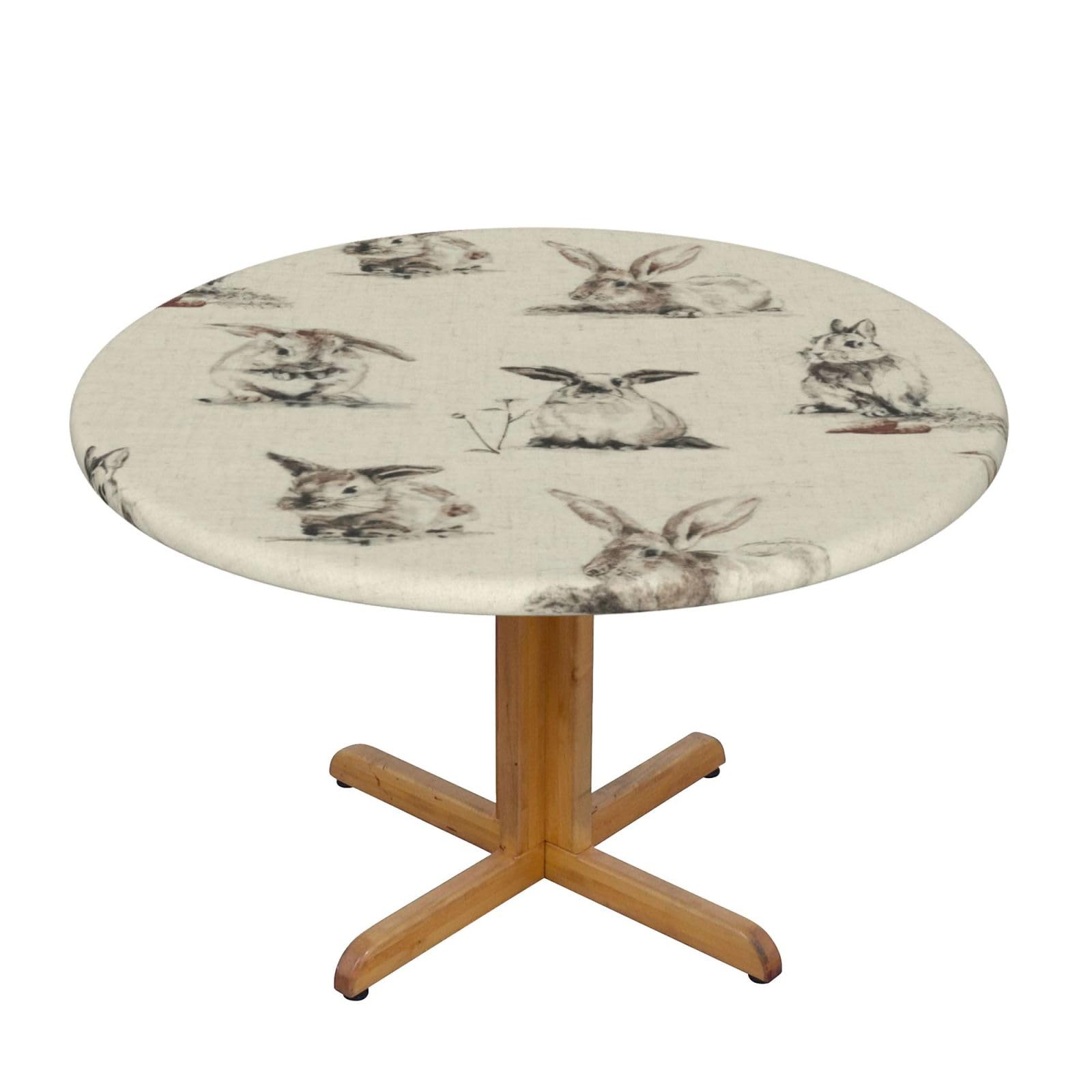DUWAA Rabbit Background Print Oxford Fitted Table Cover For Patio Picnic, Waterproof Round Tablecloth For Home And Outdoor