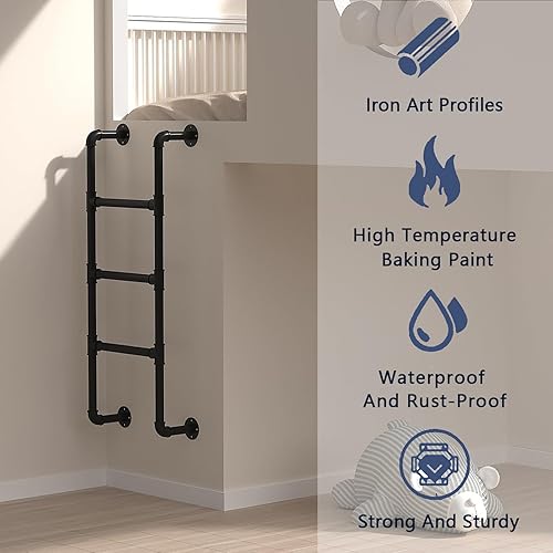 Miniatura 6 de Metal Loft Bed Ladder Wall MountedWrought Iron Bunk Bed Ladder Attic Stairs Entrance Egress Ladder with Mounting Fittings Black Step LaddersLoads