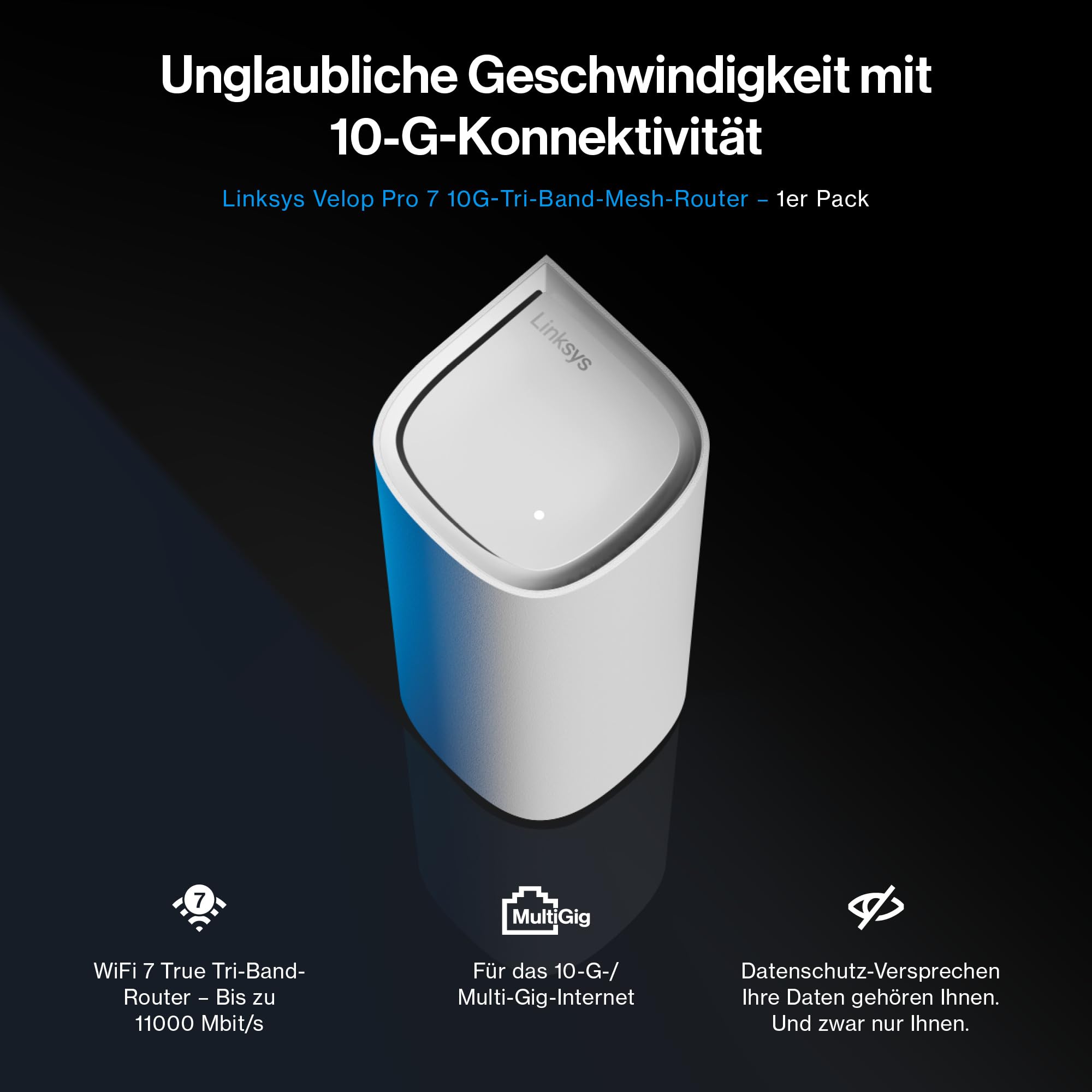 Linksys Velop Pro 7 10G LN1401 – Tri-Band Mesh-System mit 1x 10- Gigabit-Internet-/WAN-Port und 4X 2,5-Gigabit-LAN-Ports, Abdeckung für bis zu 279 m² und 200+ Geräte