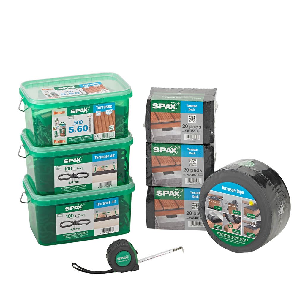 SPAX Équipement de base pour la construction de terrasse, kit de montage – Taille env. 10 m², vis de terrasse en acier inoxydable A2, entretoise, embouts, tapes, tampons et mètre ruban – 500009100039