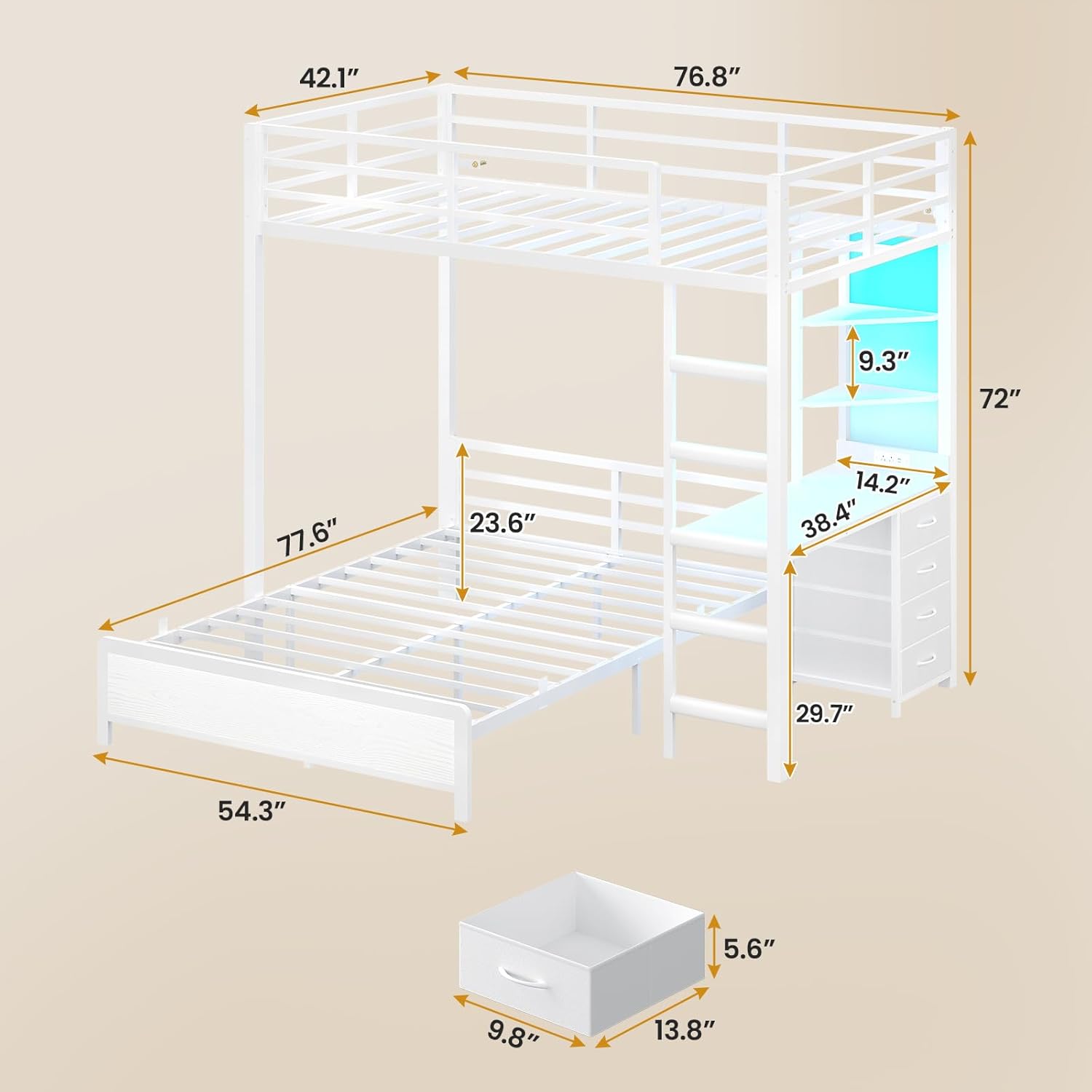Diagram showing the dimensions of the bunk bed components