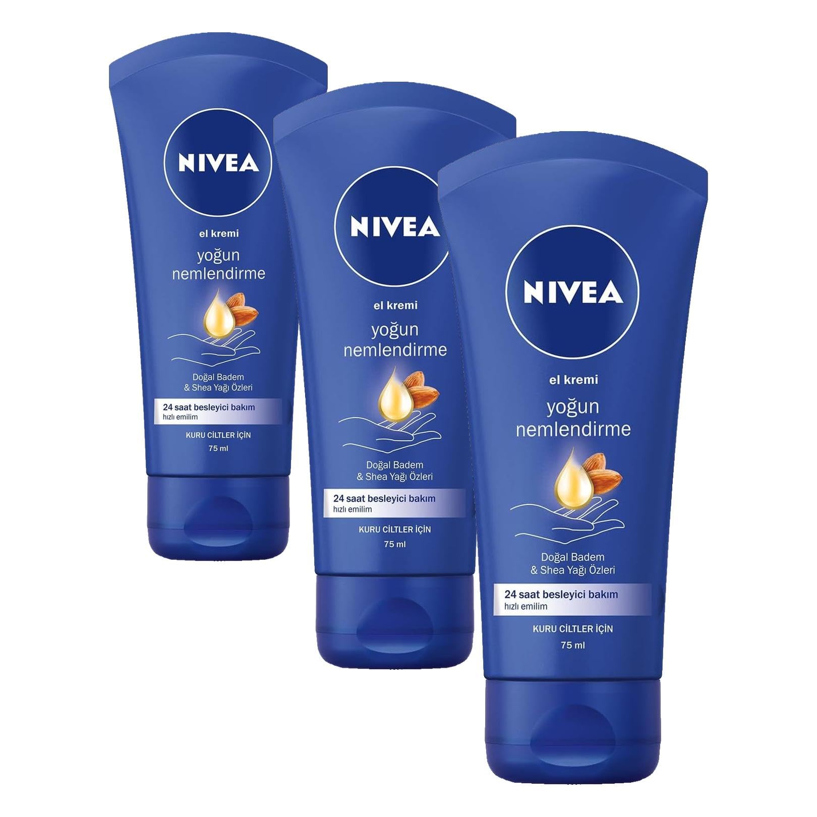 NIVEA Yoğun Nemlendirici El Kremi 75ml, Doğal Badem Yağı ve Shea Yağı Özleri, 24 Saat Besleyici Bakım, Yoğun Nemlendirme, Kuru Ciltler İçin (3 paketi)