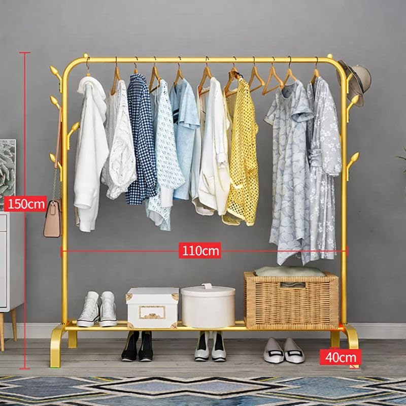 Image of Owme Portable Double Layer Clothes Drying Stand for Home | Rolling Laundry Rack with Wheels | Stainless Steel Garment Drying Rack for Balcony, Bedroom & Utility Area - POLE GOLD