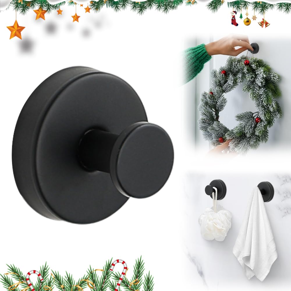 2025 Upgraded Suction Cup Hooks, Suction Cup Hanger for Wreaths on Glass, No-Drill Stainless Steel Waterproof Hooks for Shower Bathroom (Black, 1 PCS)