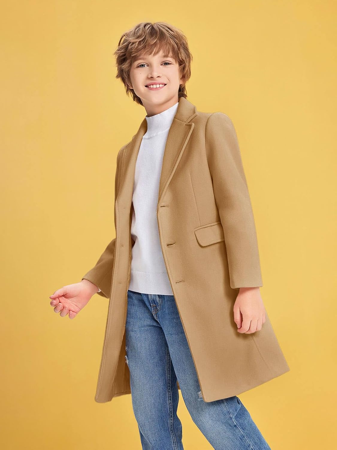 Haloumoning Boys Casual Trench Coat Kids Winter Notch Lapel Long Jacket Single Breasted Pea Coat with Pockets 4-14Y