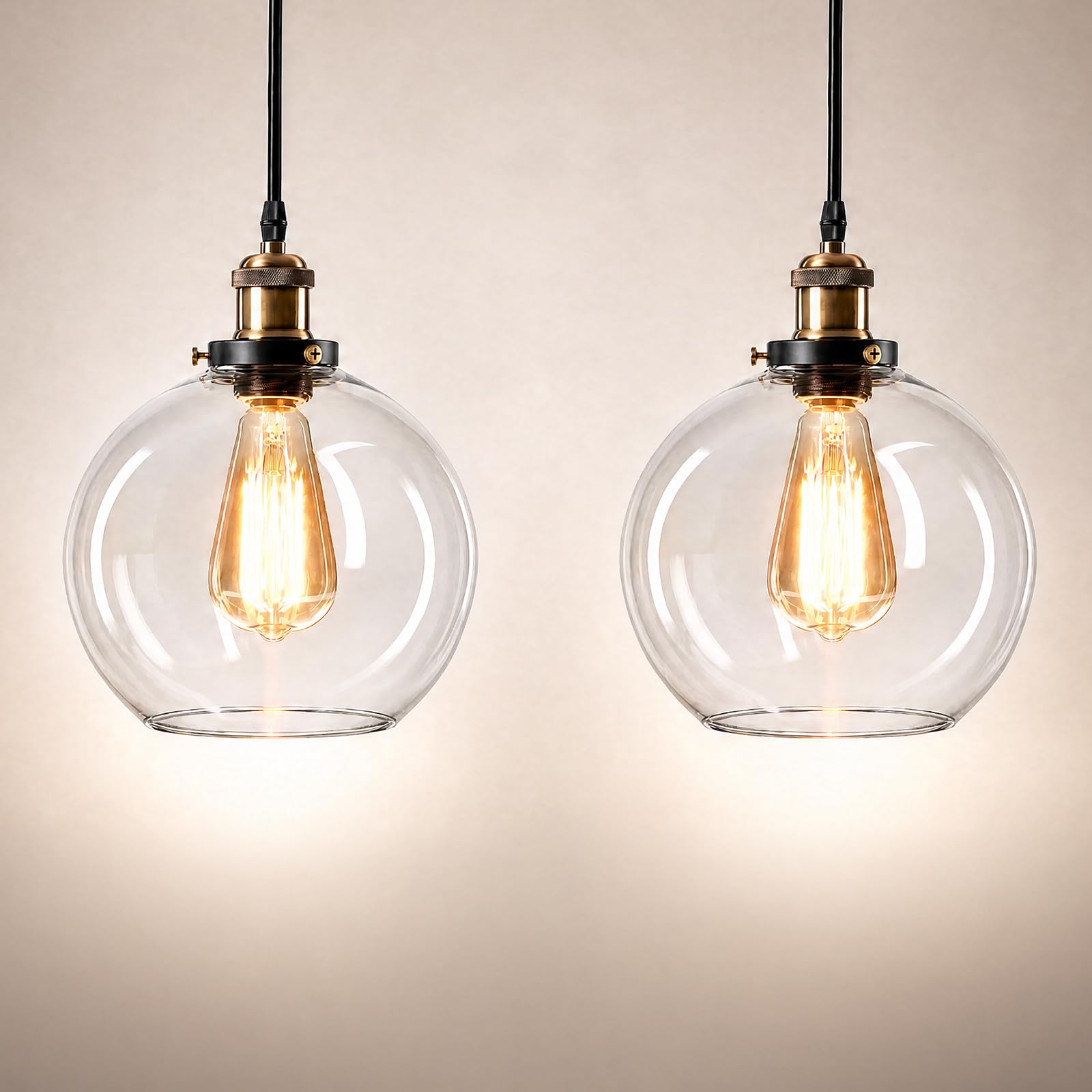 Emitto 2 Pack Glass Pendant Light, Ceiling Pendant Light Fitting with 20cm Glass Lampshade, E27 Hanging Ceiling Light for Kitchen Island Bedroom Dining Room, Black