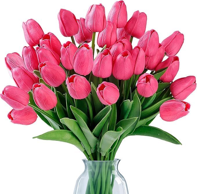 Image of Garden Art Artificial Tulip Flowers (Pack of 5) | Real Touch Silicone Single Stem Tulips for Home Decor, Living Room, Office, Vase & Wedding Decoration GAASTFB-1H-33RP (Rose Pink)