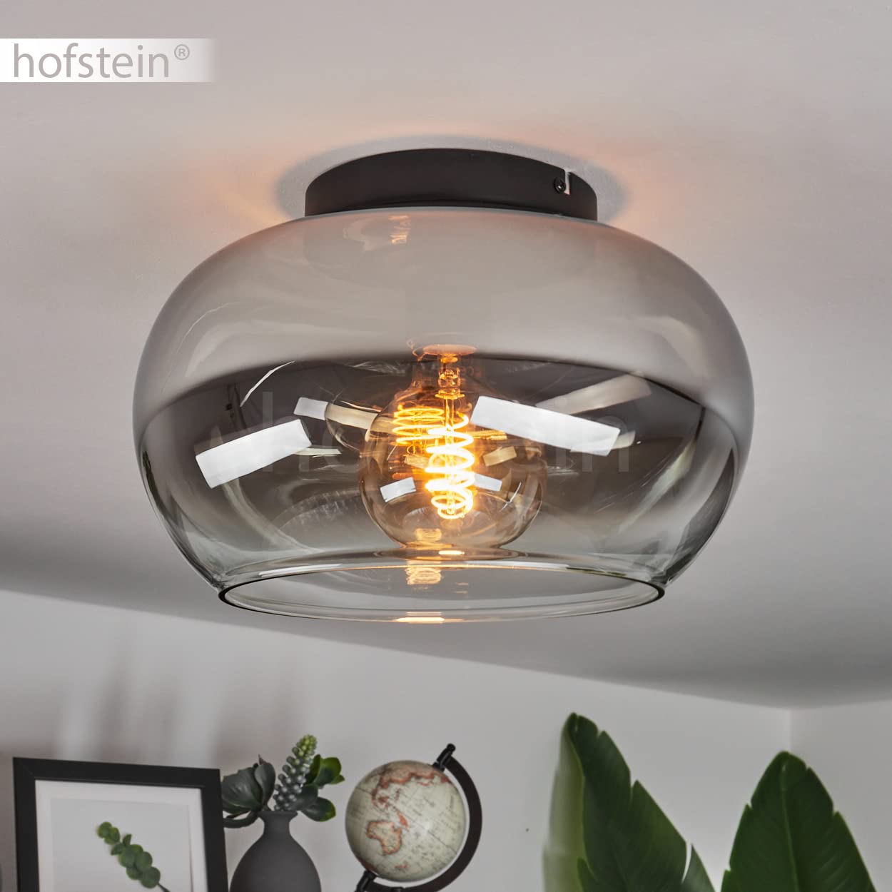 HOFSTEIN Deckenleuchte Molloy, Deckenlampe aus Metall/Glas in Schwarz/Rauchfarben/Klar, moderne Leuchte im Retro/Vintage-Design, Ø 31 cm, E27, Schlafzimmer, Wohnzimmer, Küche, Esszimmer