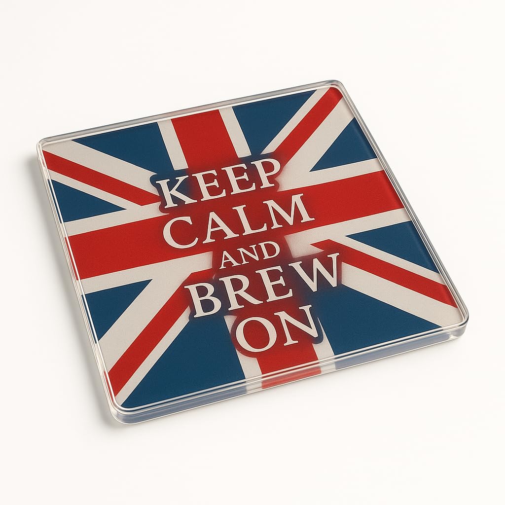 The Plum Penguin Brewed Britannia Unique Acrylic Coaster Gift - Vibrant Union Jack Design With Humorous 'Keep Calm And Brew On' Phrase - Stylish Table Accessory