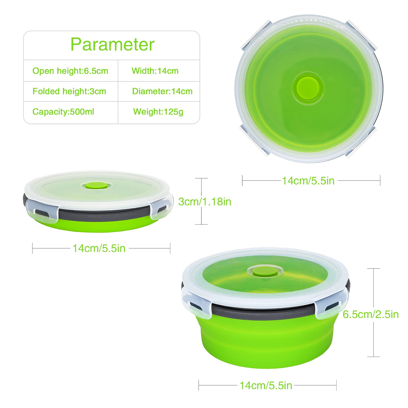 NEUSID Ciotola da campeggio portatile, in silicone, pieghevole, con coperchio, per viaggi, campeggio, escursionismo, picnic, cucina, 500 ml, verde