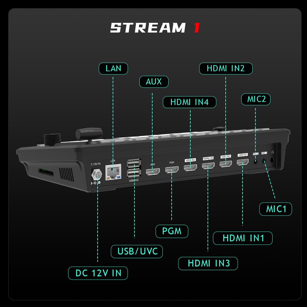 Stream-1 HDMI Super Source Camera Video Switcher Mixer with PTZ Cam Control,REC, NDI Updatable and Landscape & Portrait Livestreaming