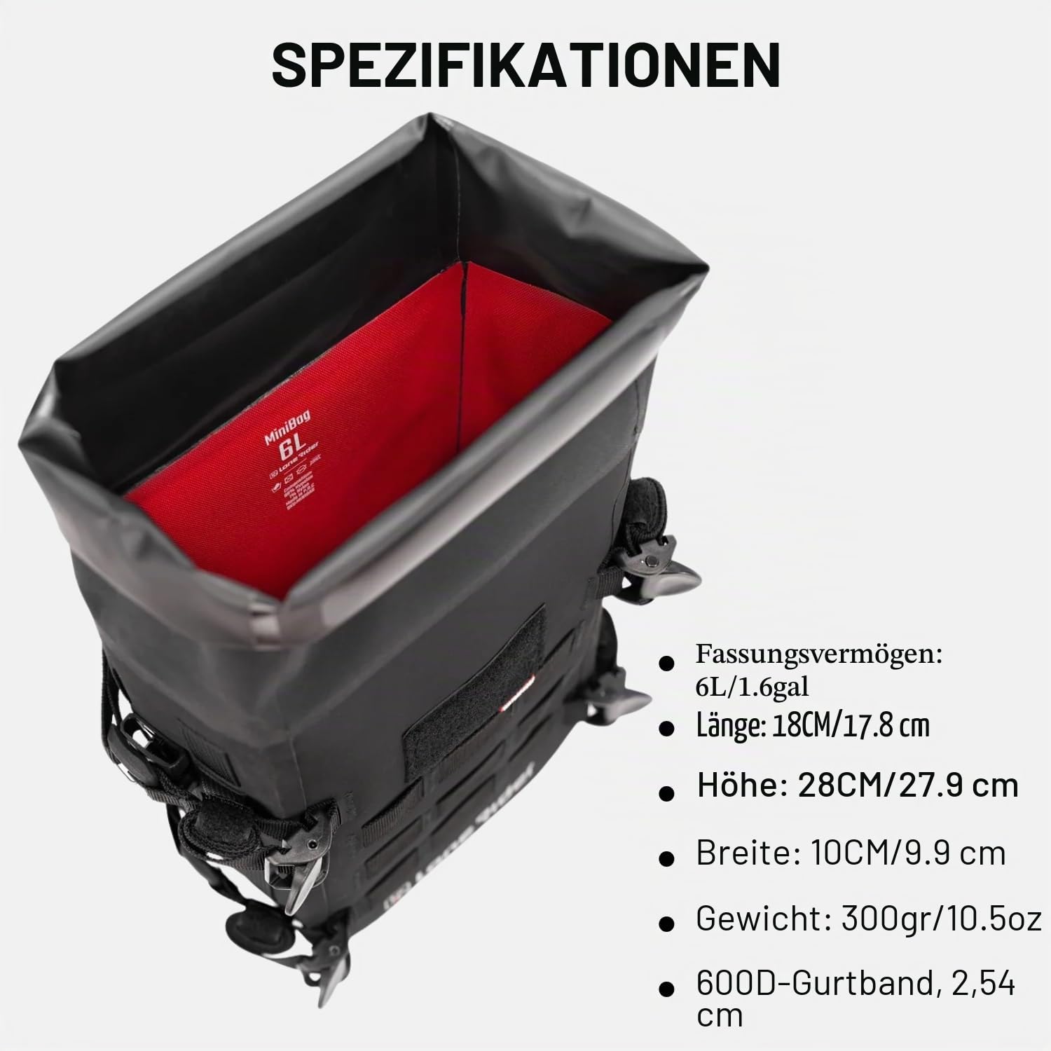 Lone Rider MiniBag 6L - wasserdichte Motorrad Crashbar-Tasche | Hypalon MOLLE-System, G-Haken & Klemmschnallen. Für Rahmen, Sturzbügel, Seite & Heck. Passt an MotoBags & Koffer.
