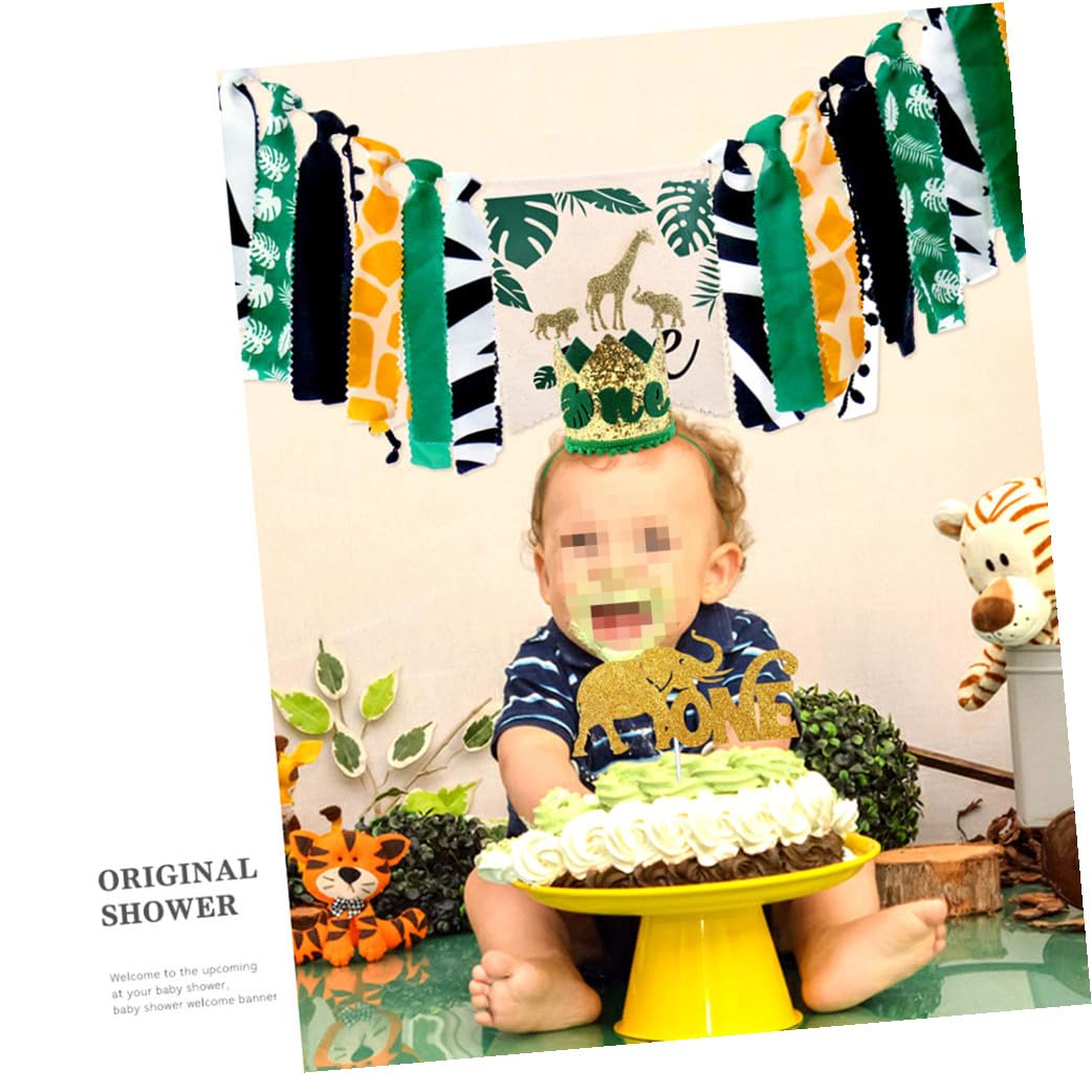 ifundom 2 Sets Babys 1. Geburtstag Hochstuhl Banner Kuchen Topper Krone Hut 1. Geburtstag Lieferungen Dschungel Tier Stil 3 Stücke * 2
