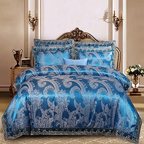 Beyeutao Bettbezug-Set, elegantes europäisches Paisleymuster, Damast-Stoff, Jacquard-Gewebe, Blau, 3-teiliges Bettwäsche-Set für King-Size-Bett, ohne Steppdecke (blau, King-Size) Cover