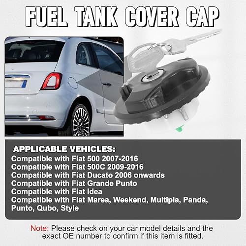 Miniatura 4 de 2993927 Tapa del depósito de combustible, tapa de depósito de combustible con bloqueo compatible con Fiat 500 500C 2009-2016, Citroen 2016, Ford Ka