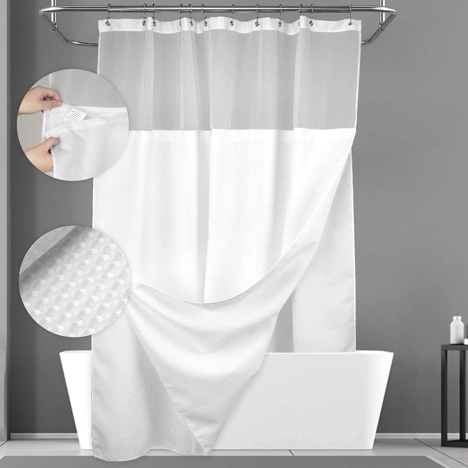 Waffle Weave Shower Curtain with Snap-in Fabric Liner & Hooks Set, Hotel Style Spa Like Shower Curtain for Bathroom, Top Sheer Window, Double Layers, Machine Washable for Easy Clean, 1.8*1.8 m (White)