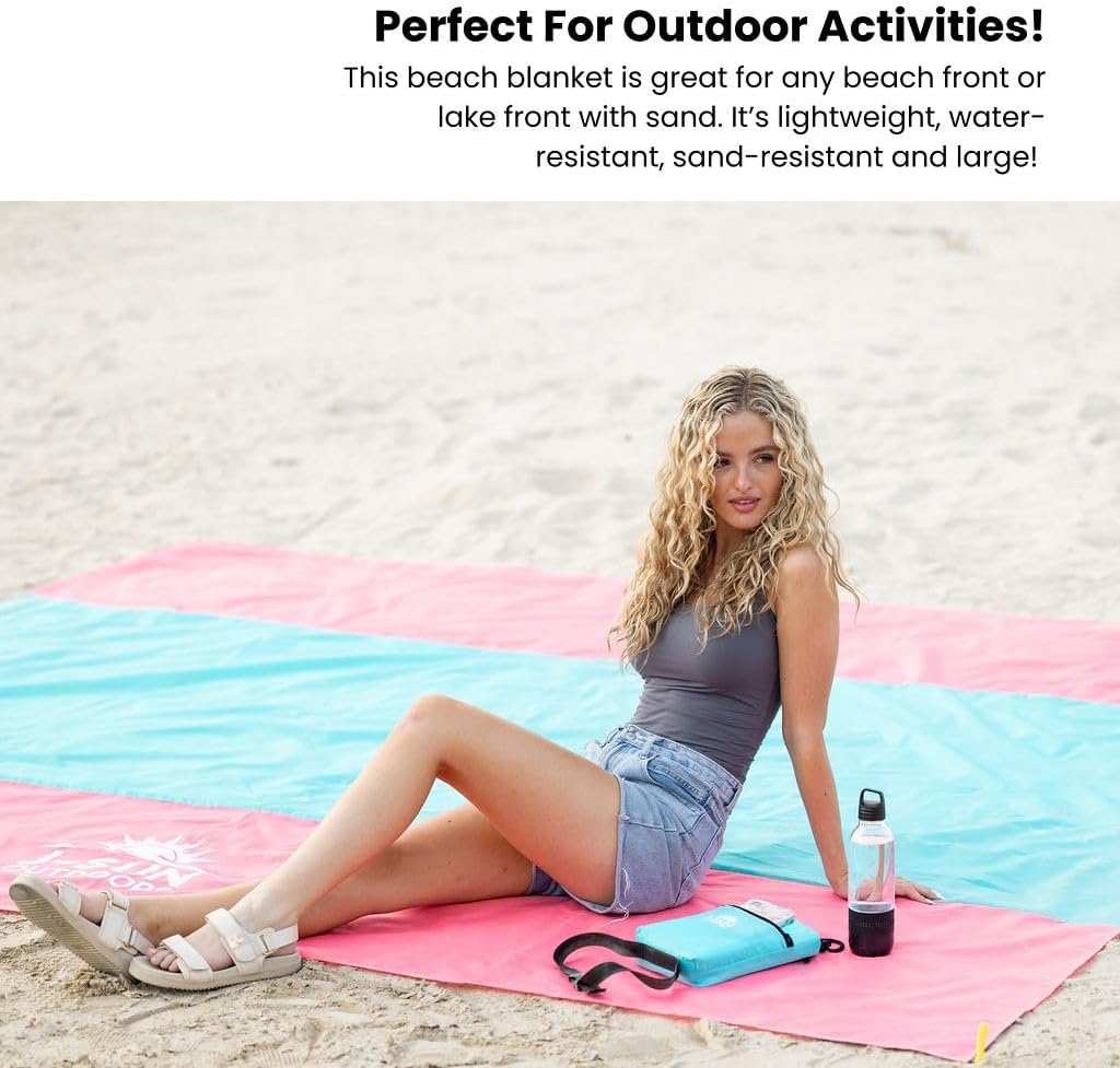 XL Beach Blanket Sandproof Waterproof for 4-6 Adults - 10ft x 9ft Beach Mat with Zippered Pocket, 4 Stakes & Storage Bag | Lightweight 1.4 lbs Quick-Dry Blanket for Beach, Camping & Picnic