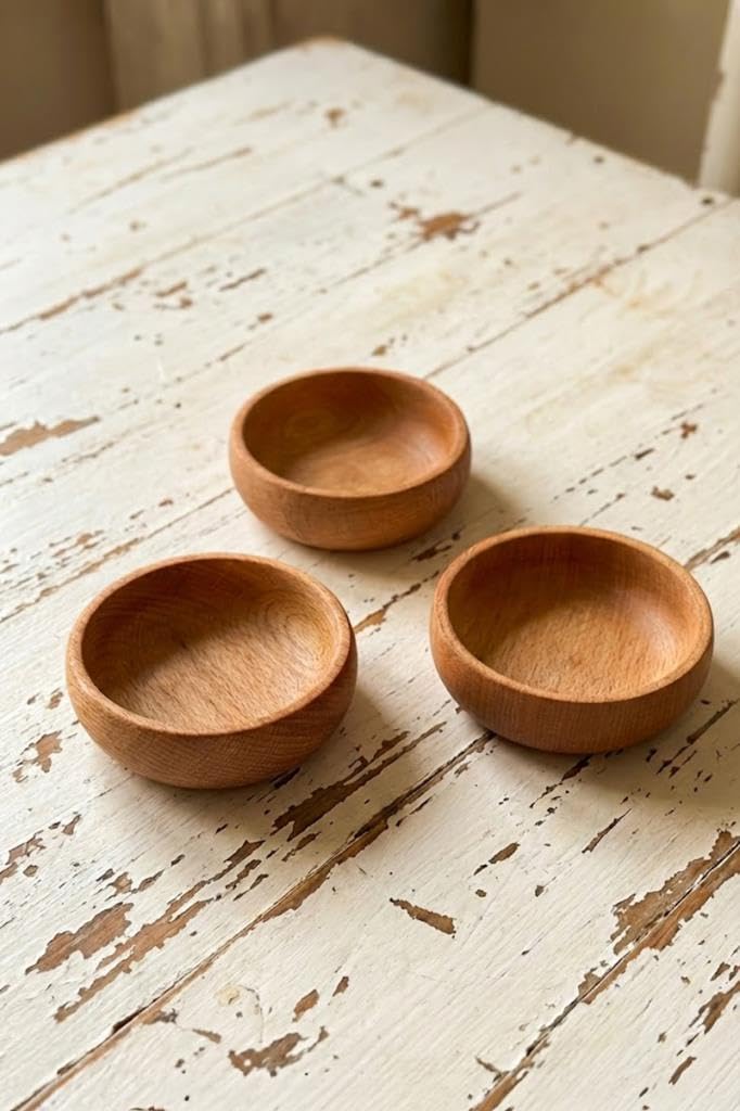 Atbyhome 3 Parça Doğal Kayın Ağacı Ahşap Çerezlik Kaseler - 10 cm Kahvaltılık ve Mezze Sosluk Seti