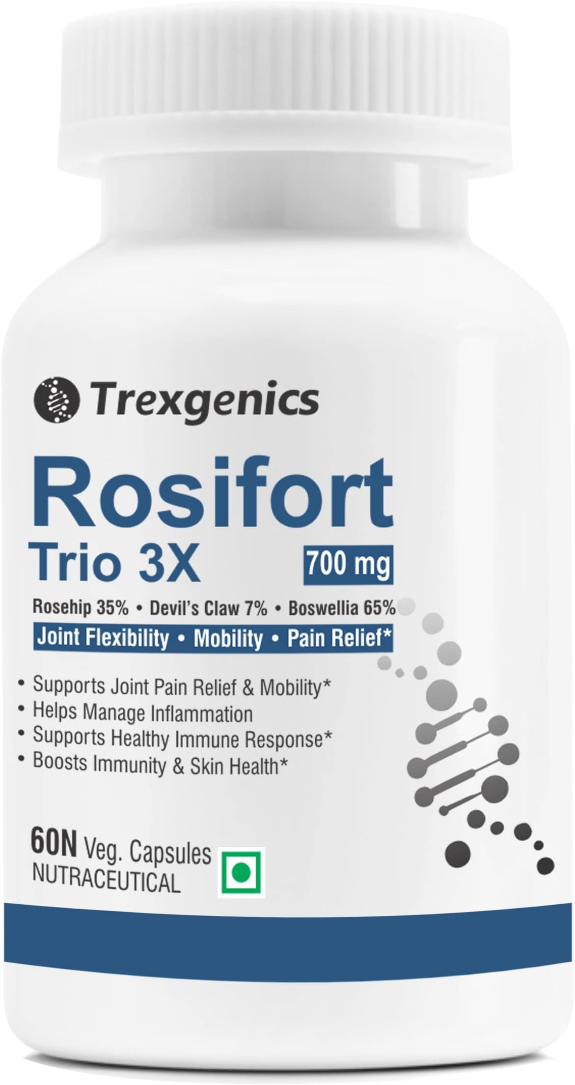 Trexgenics ROSIFORTE TRIO Rosehip, Boswellia, Devil's Claw 700 mg Joint Pain & Inflammation Support VEGAN & NON-GMO (60 Veg. Capsules) (Pack of 1)