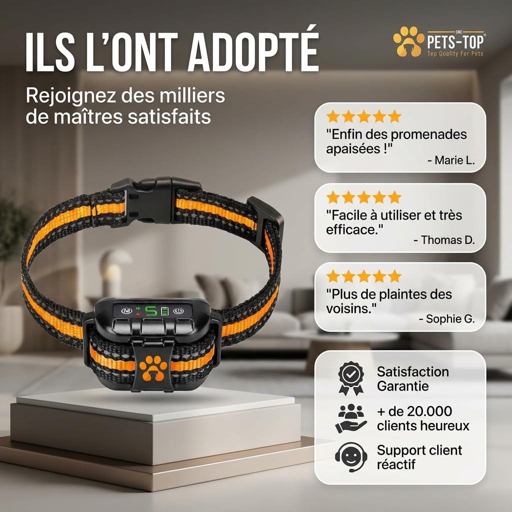 One PETS-TOP Collier Anti Aboiement Chien - Collier Anti Aboiement pour Chien à Simulation Electrostatique Douce, Vibrant, Sonore - IP67, Convient aux Gros et Petits Chiens - Ideal pour Le Dressage