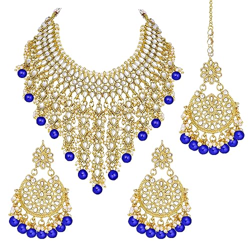 Image of Peora Kundan & Beads Studded Necklace Earrings & Maangtikka Set Ethnic Jewellery for Women & Girls