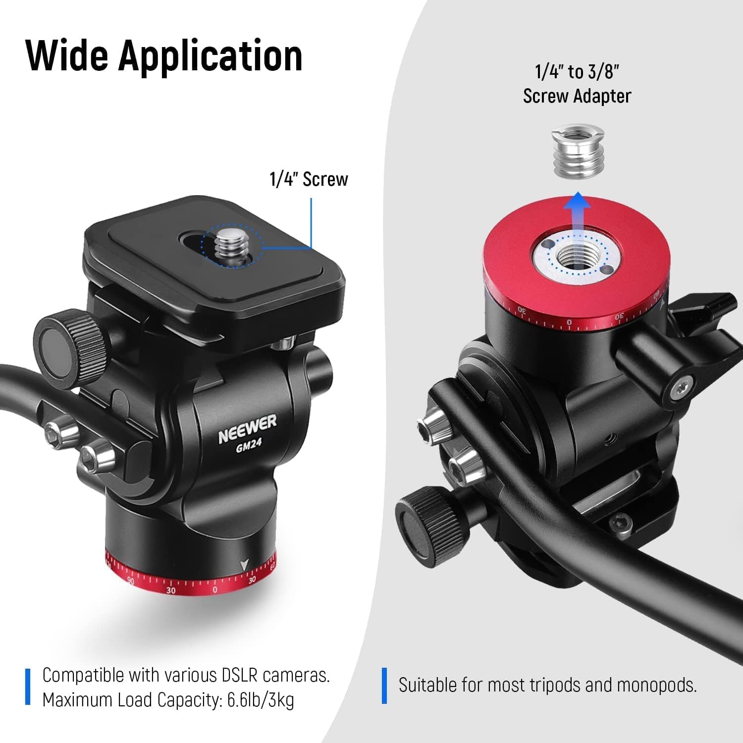 NEEWER Tripod Fluid Head Pan Tilt Head with Quick Release Plate and Handle, Metal Camera Tripod Head Compatible with Arca Swiss for Compact Video Cameras DSLR Cameras, Load up to 6.6lb/3kg, GM24 : Electronics