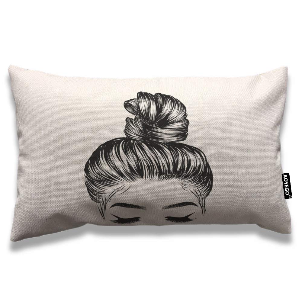 AOYEGOGirl Throw Pillow Cover 12x20 Inch Sketch of Woman with Fashion Bun Perfect Eyebrow Eyelash Rectangle Pillow Cases Home Decorative Cotton Linen Cushion Cover for Bed Sofa Black White