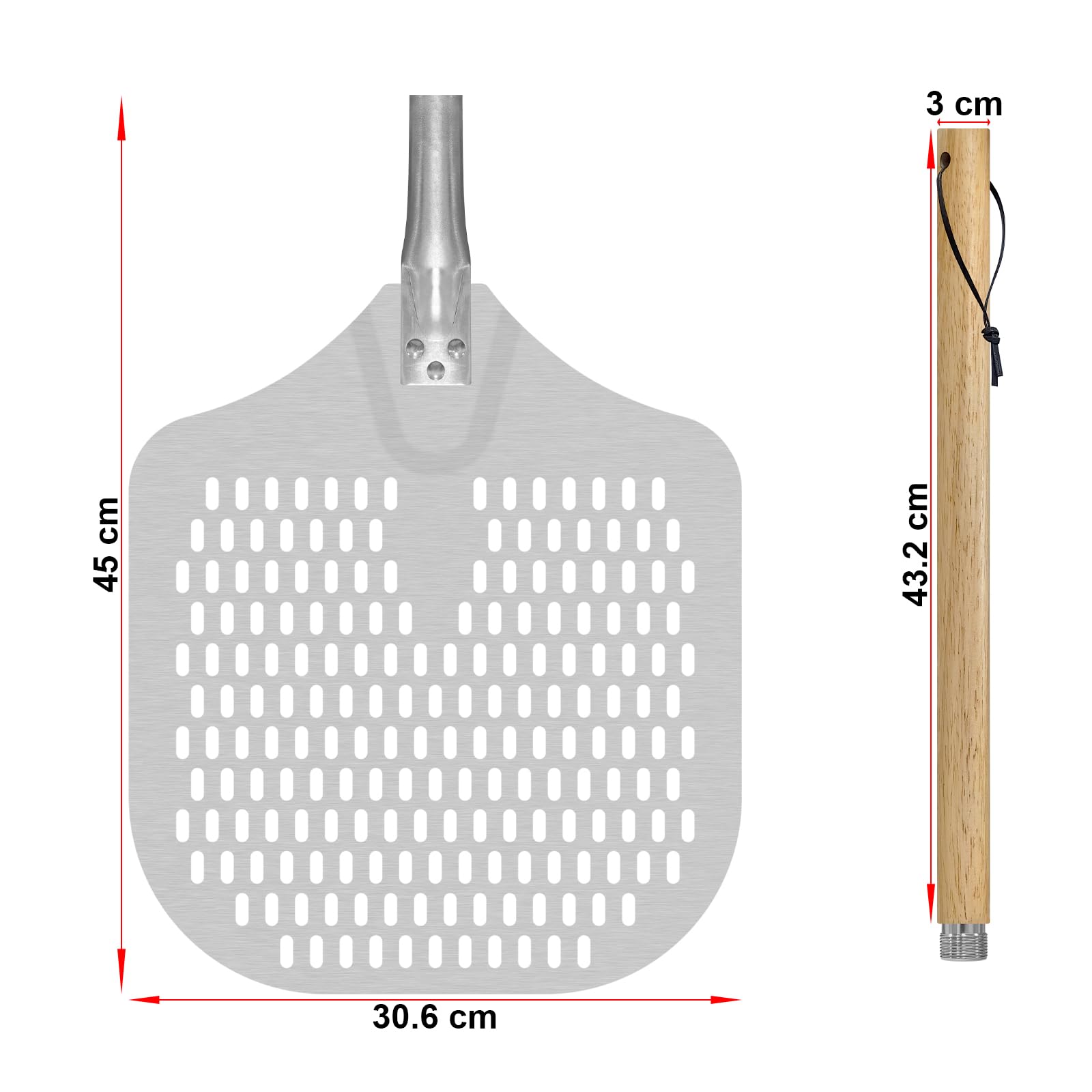 Perforada Pala Pizza 12 Pulgadas Aluminio Antiadherente Pala Para Pizza con Mango de Madera Desmontable Ideal Para Hornear Pizza y Pan