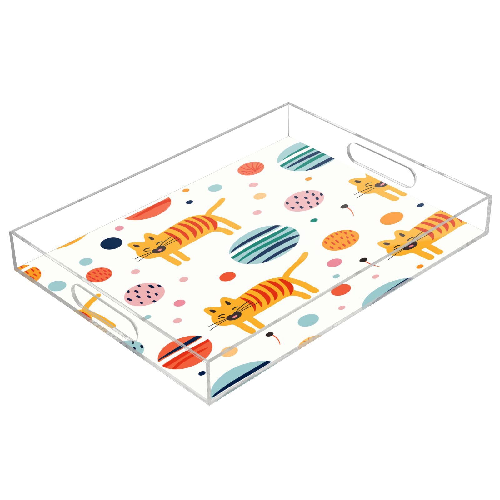 IOACIY Clear Serving Tray 12x16 Inches Acrylic Decorative Tray Organiser for Ottoman Coffee Table Countertop with Handles, Cute Tiger (1)