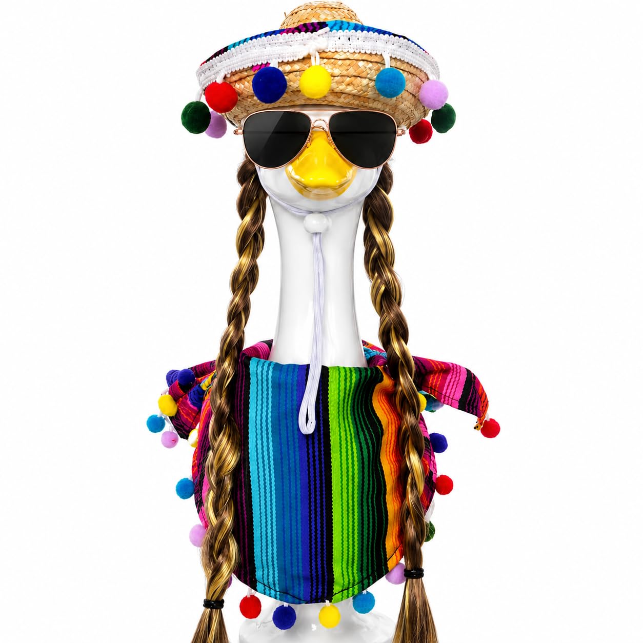 Mexican Fiesta Porch Goose Outfit with Brown Wig &amp; Hat Decor, 4-Pcs