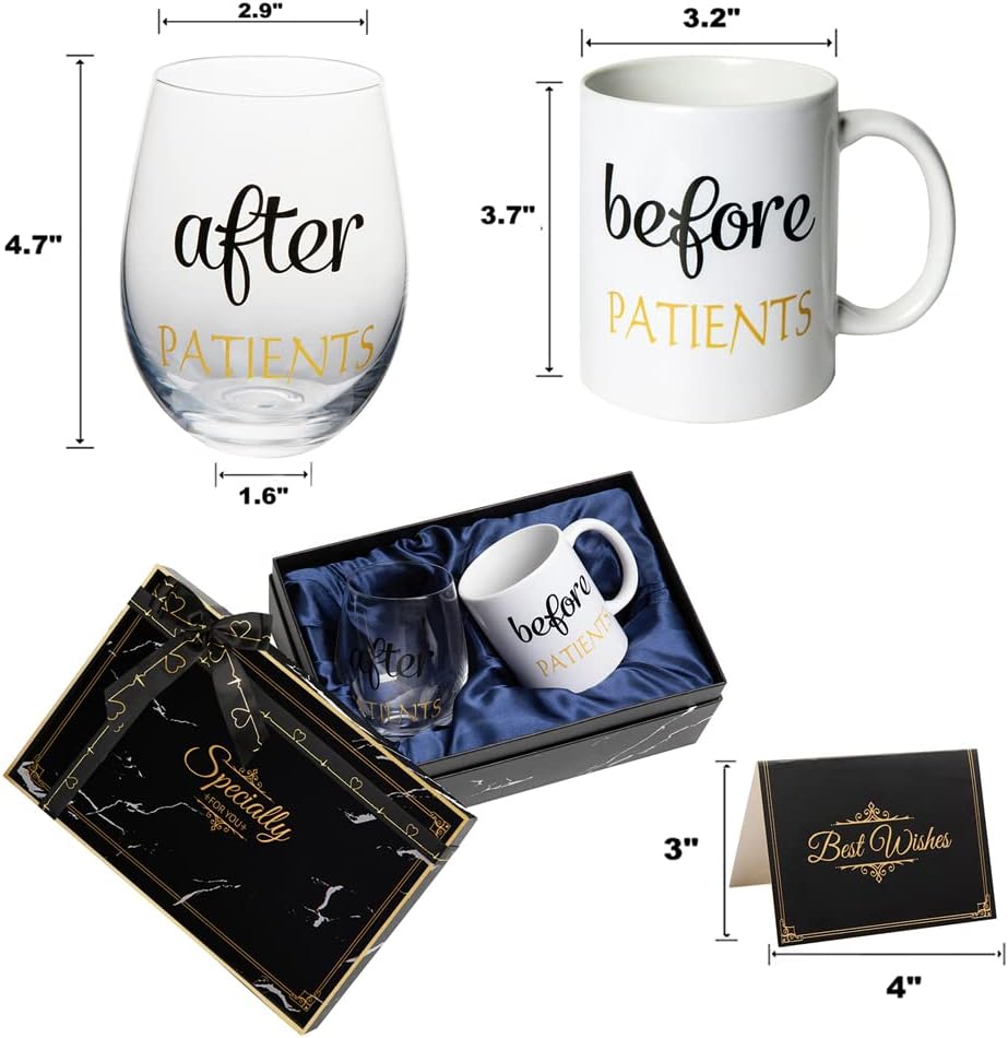 Before Patients After Patients Gift Set 11 oz Coffee Mug and 18 oz Stemless Wine Glass with Gift Package for Dentist Nurses Day Graduation Gifts - Image 3