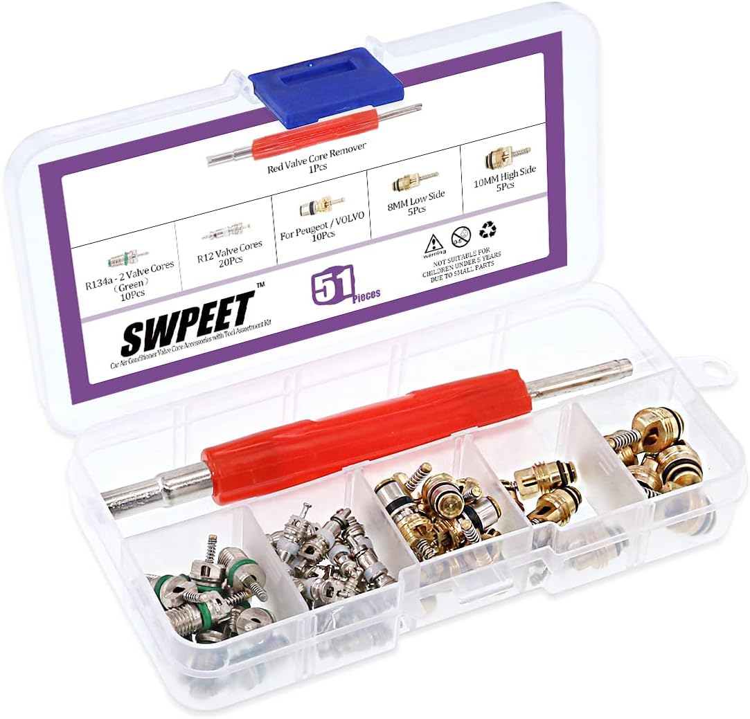 Swpeet 51Pcs R12 / Green R134a AC Master Valve Cores Repair Kit