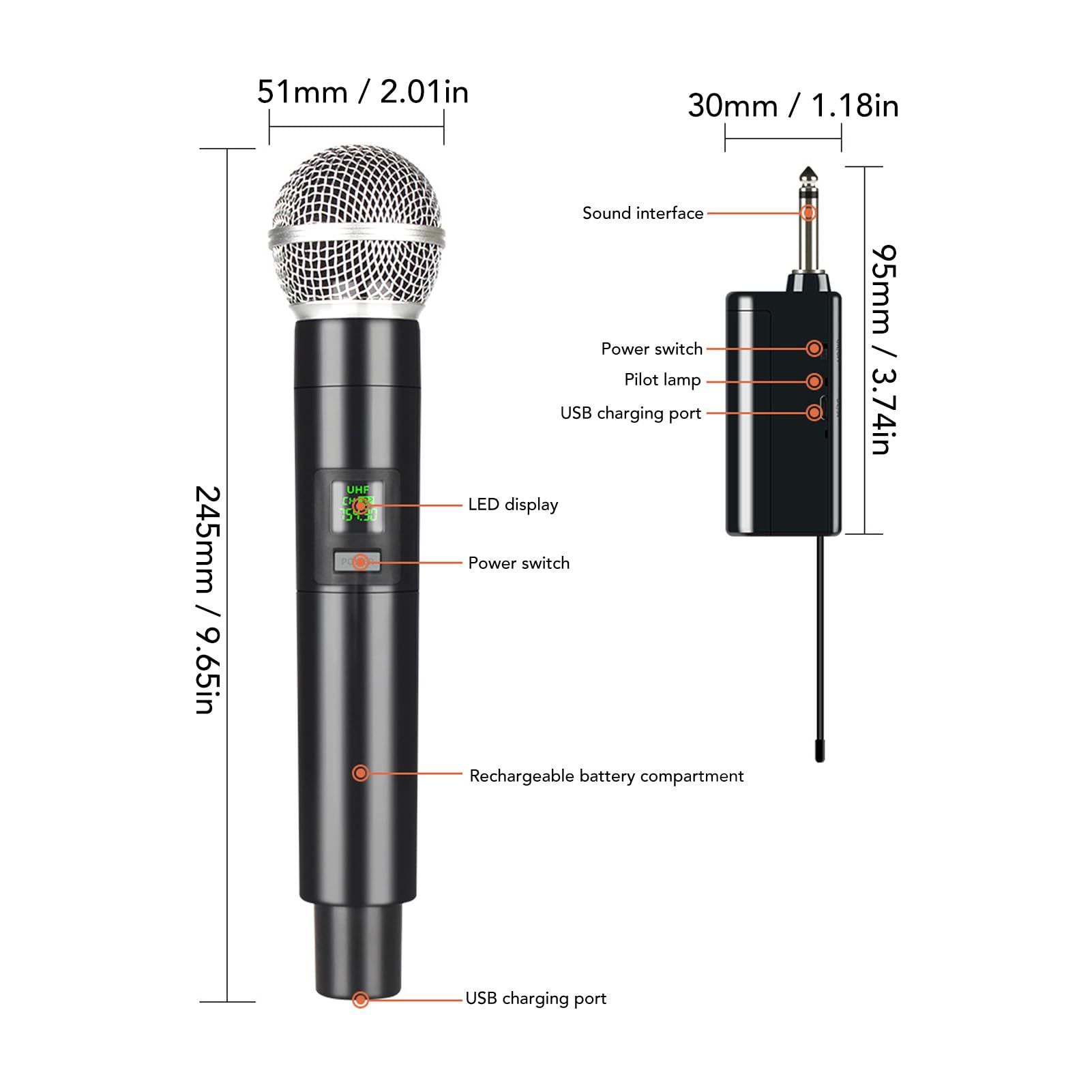 Professional 2Pcs Microphone Set, Rechargeable Handheld Mic System with Receiver for Karaoke, Language, Meeting