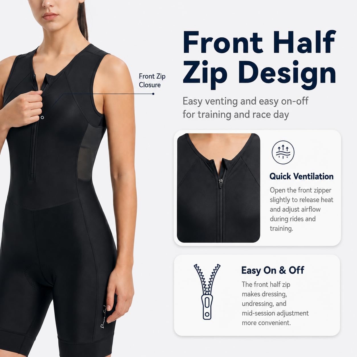 Przewalski Damen Triathlonanzug Ärmellos Trisuit mit Polster Half-Zip 2 Rückentaschen