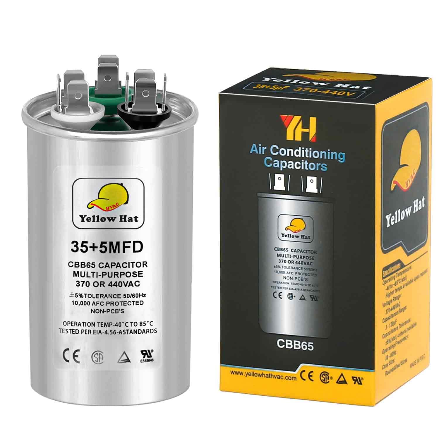 HVAC YELLOW HATCapacitor for Air Conditioner 35+5 uf MFD 370 or 440 Volt VAC, Multi-Purpose Round Capacitor, 5 Year Warranty