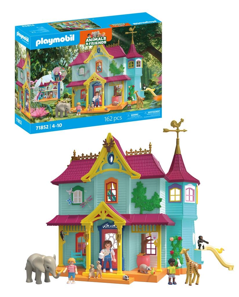 Detailaufnahme der PLAYMOBIL Tier-Villa mit zahlreichen Tieren und Zubehörteilen.