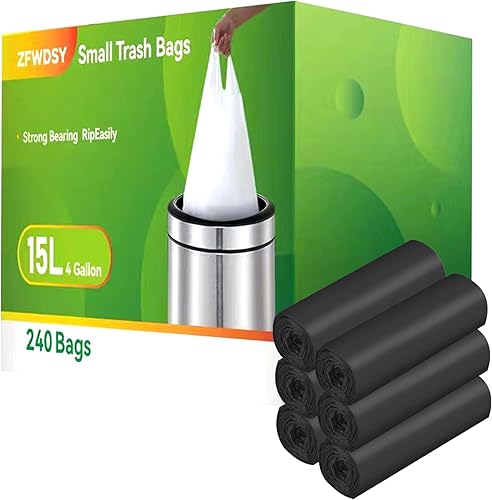 Bolsas de basura pequeñas con asa de 0.6 mil de grosor, 4 galones, bolsas de basura de 15 litros, 240 unidades para el hogar, oficina, cocina, baño,