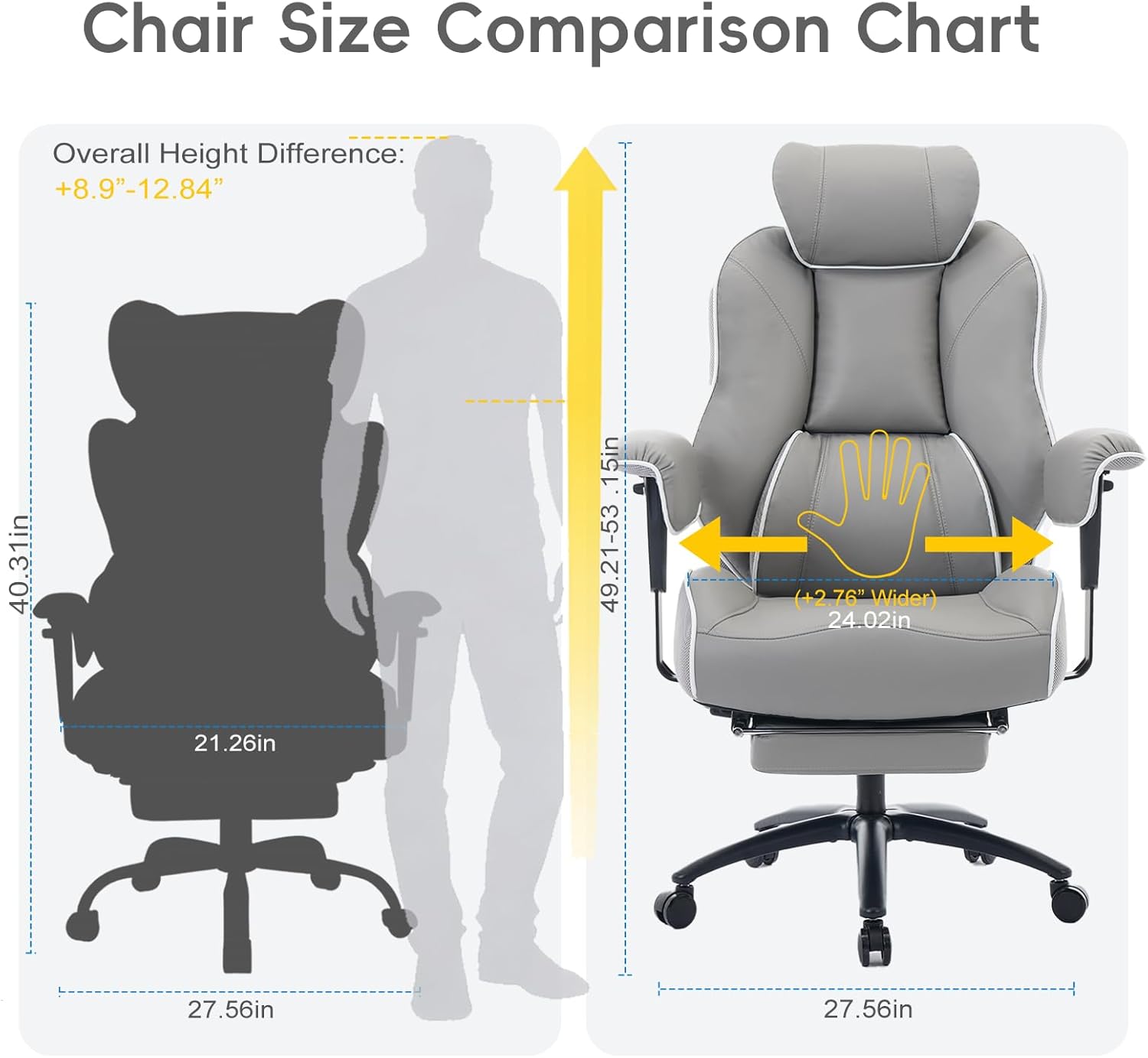 DJ·Wang Big and Tall Office Chair with Foot Rest, High Back Executive Office Chair PU Leather, Ergonomic Chairs with Lumbar Support, 135° Reclining Chairs with Thickened Spring Cushion Gray - Image 8
