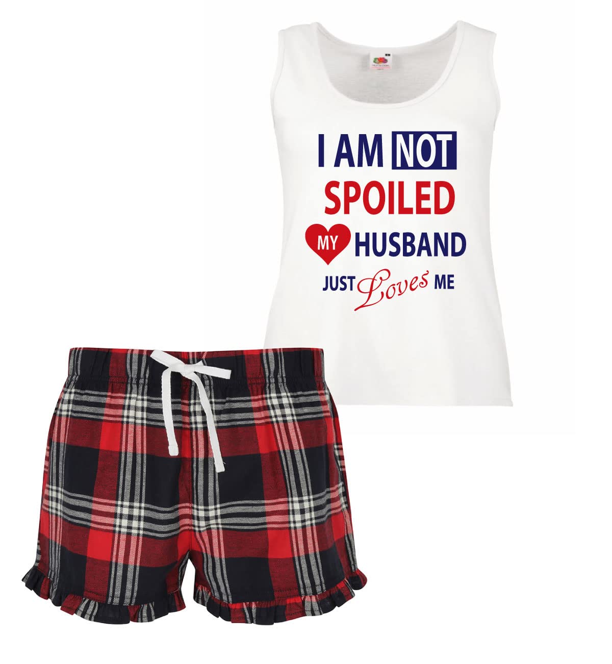 60 Second Makeover Limited I'm Not Spoiled My Husband Just Loves Me Pyjamas Ladies Tartan Frill Short Pyjama Wife Size - M Red