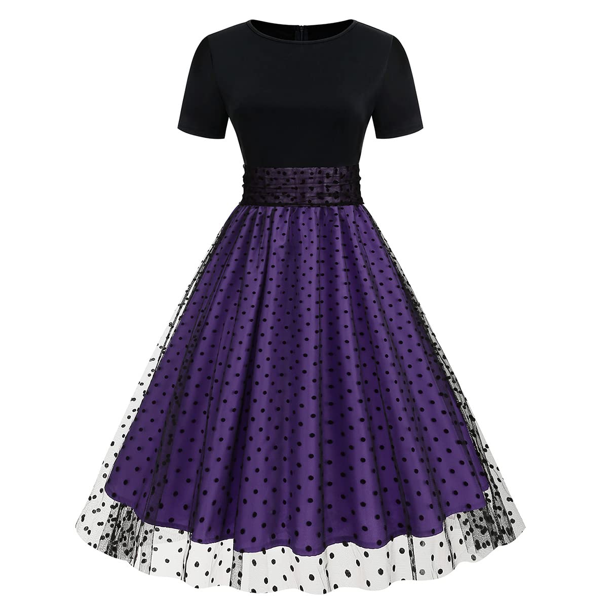 Women Short Sleeve 1950s Retro Vintage Cocktail Party Swing Dress Colorblock Patchwork Ruched Waist Mesh Tulle Dress 40s 50s Polka Dot Dress Slim Fit Summer Casual Flare A Line Evening Dress Purple XL