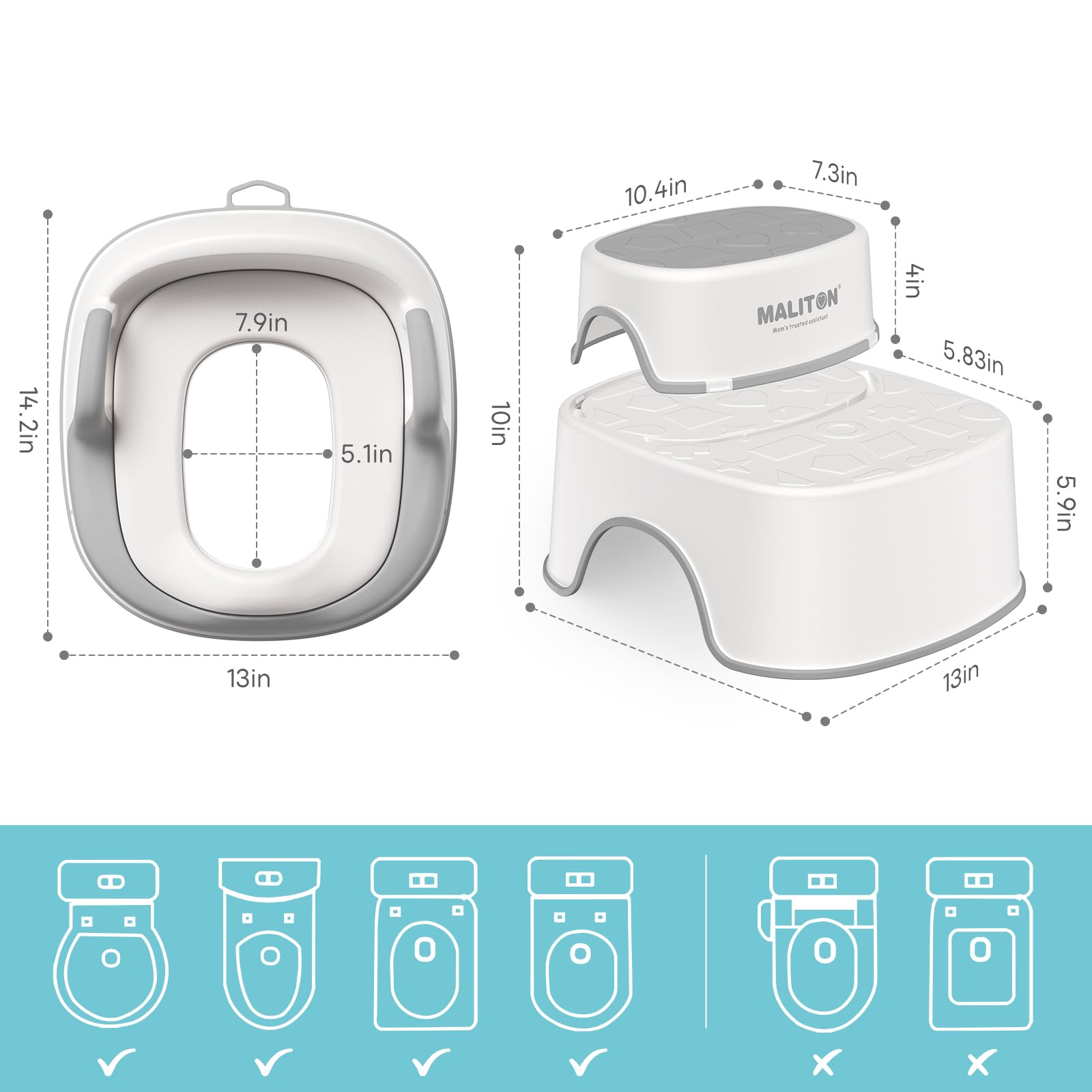 Maliton Toilettensitz Kinder mit 2-stufiger Tritthocker für Kinder 1-8 Jahren, Kindertoilettenkorb mit weichem Sitzring, Rutschfestes Design, Spritzschutz, Weiß-grau