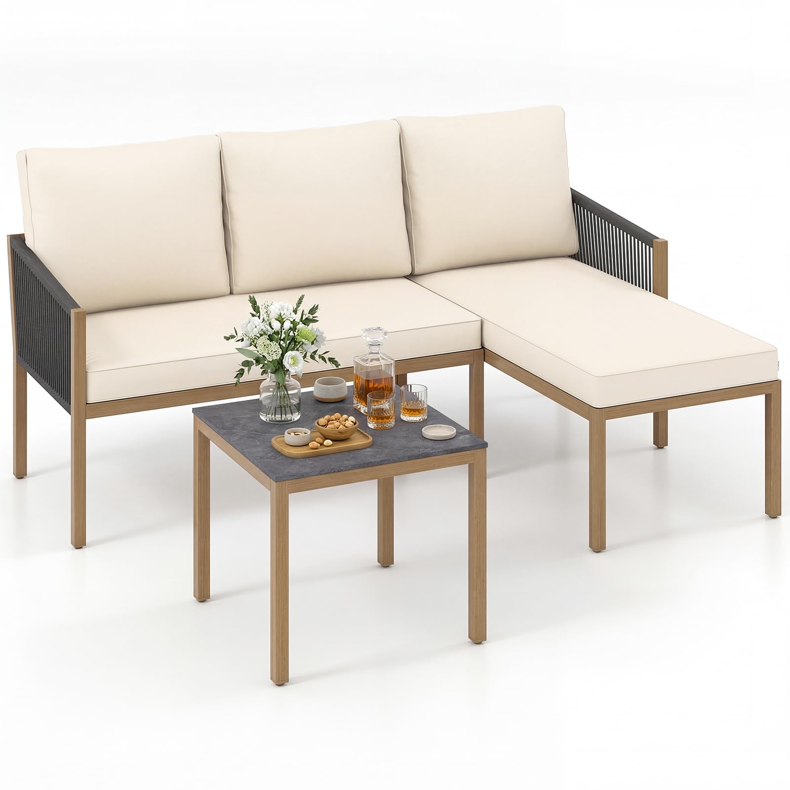 COSTWAY Set di Mobili da Giardino 3 Pezzi, Salotto da Esterno con 2 Divani Componibili a forma di L e Tavolino da Caffè, Set da Conversazione da Esterno con Cuscini Sfoderabili, per Patio e Terrazzo