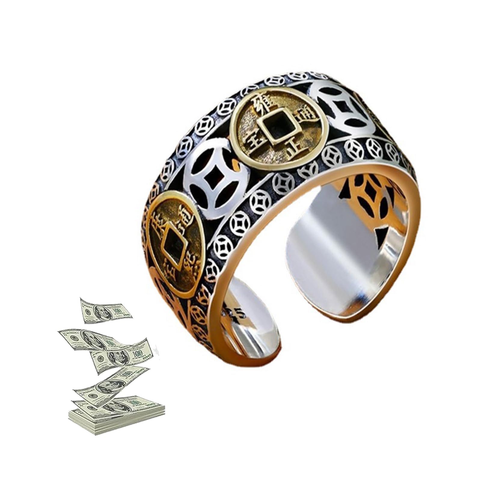 Richluck Max Force Five Emperors Coins Ring Five Emperor Coin Auspicious Ring Attract Wealth Money and Lucky Ring Chinese Feng Shui Ring for Men Adjustable Open Ring
