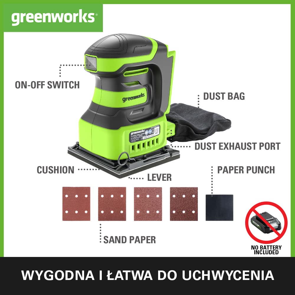 Greenworks G24SS14 Akumulatorowa Szlifierka Oscylacyjna, 11000 obr./min, BEZ Baterii i Ładowarki 24V