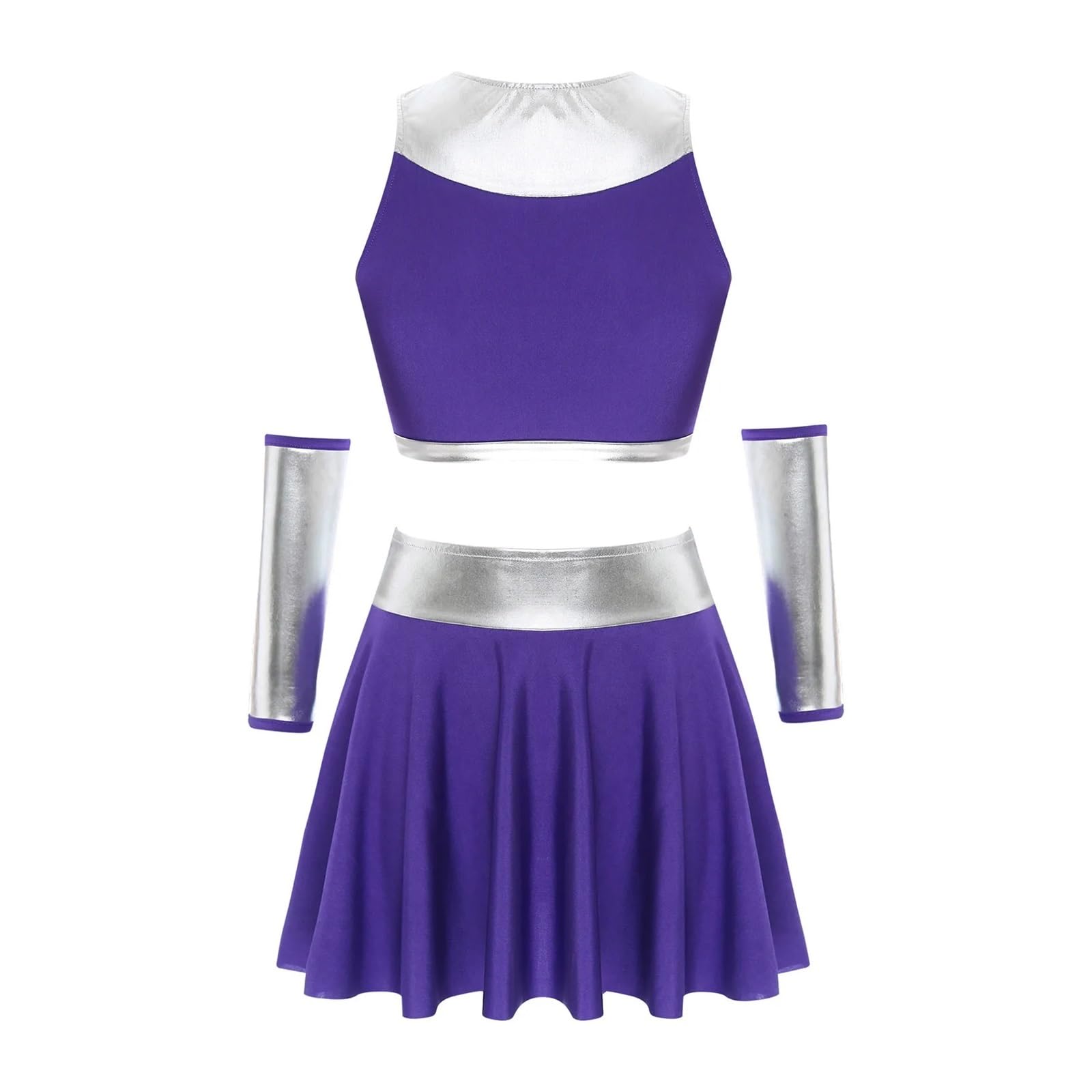 Cheerleader Kostüme Damen Halloween Metallic Patchwork Anzug Cheerleading Outfits Ärmelloses Crop Top Handschuhe und Mini Swing Rock Cosplay Kostüme(L)