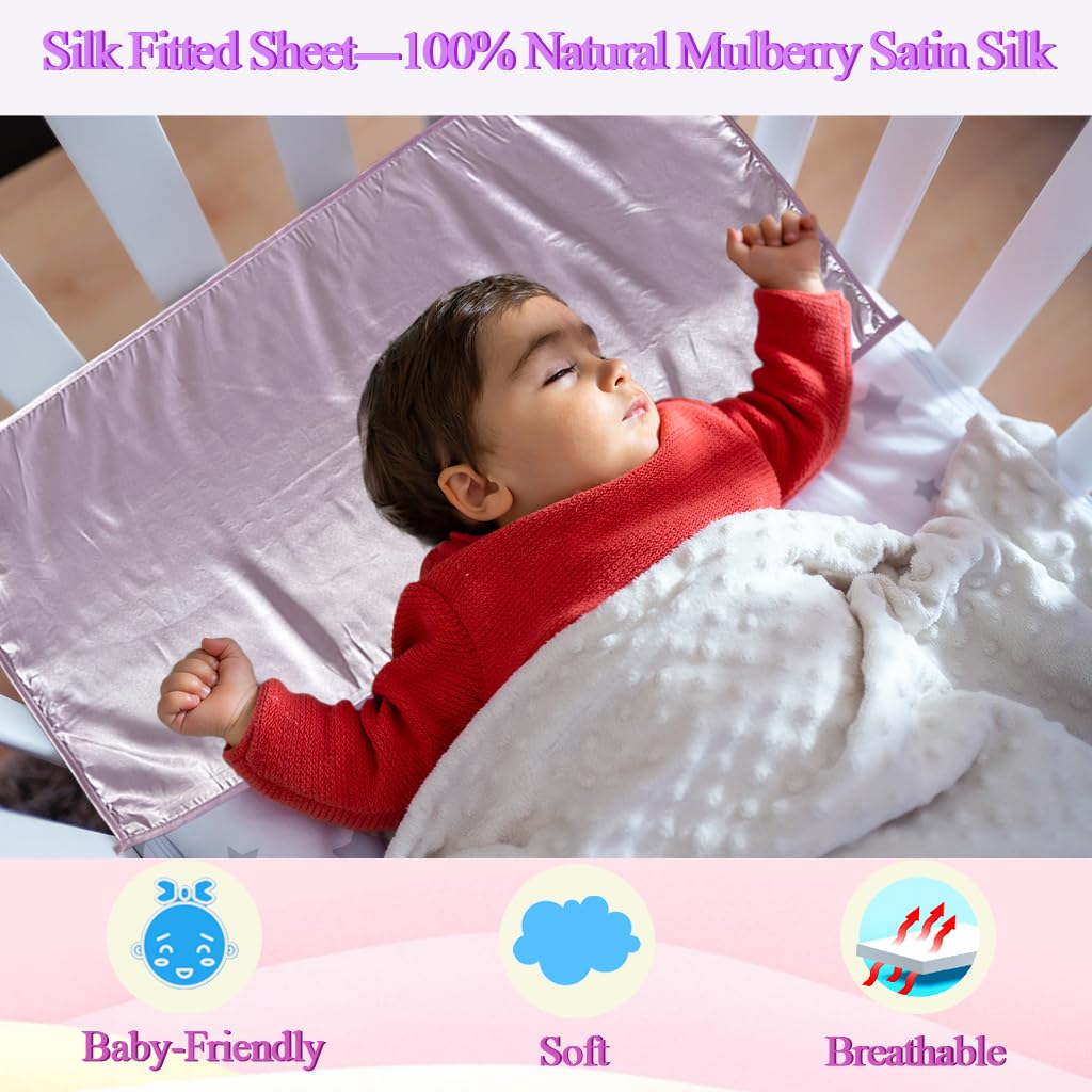 Okueejur 2 Pcs Satin Bassinet Sheet Baby Hair Protect Soft Silk Feeling Sheet Baby Bassinet for Rectangle Cradle Pad Mattress Newborn Infant (Pink+Purple) - Image 3